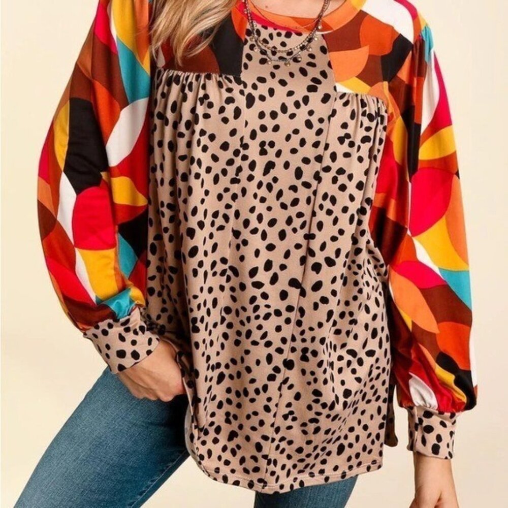 Artsy Geometric Animal Print Top Women Size large Long Sleeve Colorful Boho - Picture 9 of 16